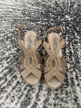 Varese Women's Taupe Suede Wedge Sandals with Stud Detail, Sz 5